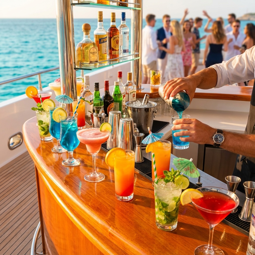 吧台在萨卢的船上派对上提供免费饮料，五颜六色的鸡尾酒和香槟