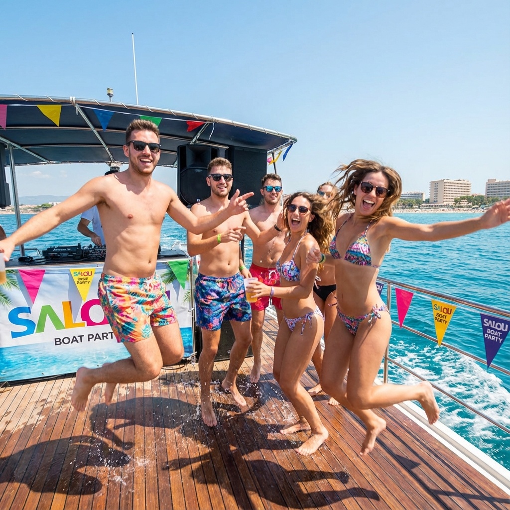 Grupo de amigos快乐的舞动在萨卢的船上派对上，欣赏地中海日落美景