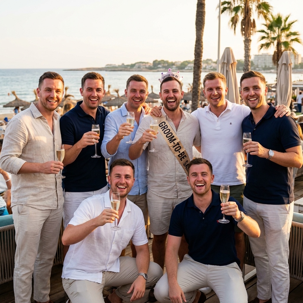 Grupo de amigos brindado en despedida de soltero en Salou con paisaje mediterráneo de fondo